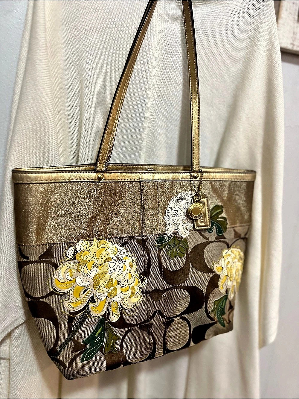 Coach Signature Chrysanthemum Applique Tote Gold & Brown